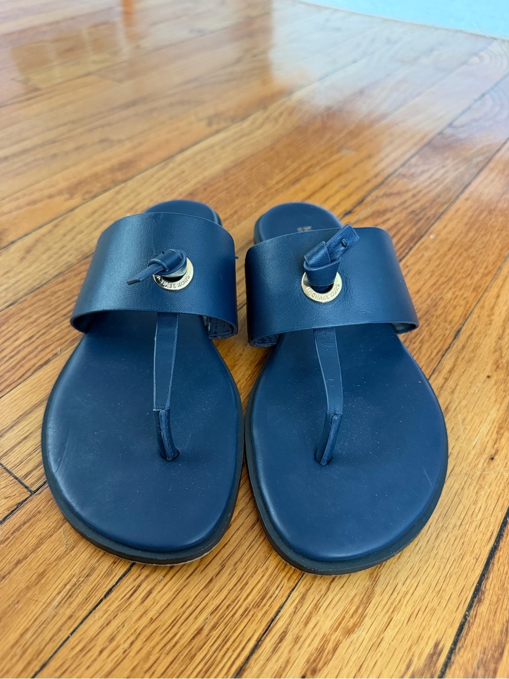 Michael Kors Navy Blue Leather Thong Sandals with Gold Accent